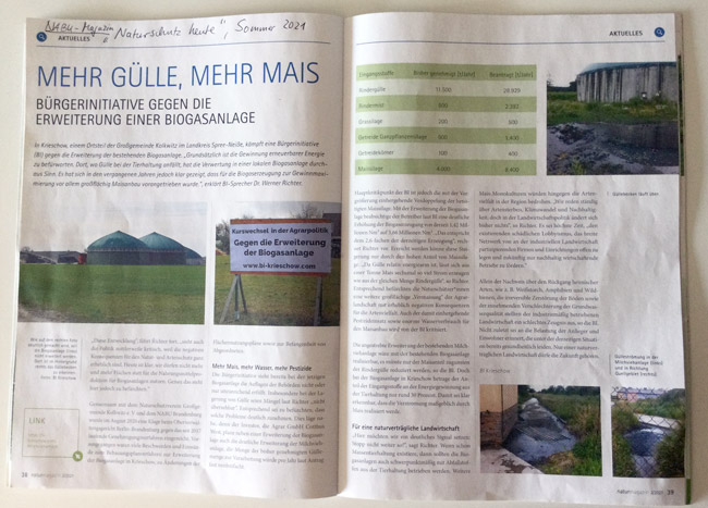 Artikel über die Bürgerinitiative Krieschow in der aktuellen Ausgabe der NABU-Magazin „Naturschutz heute“